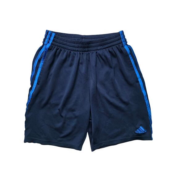 Adidas Shorts Boys L 14/16 Black Blue Terry Drawstring 3-Stripes - Picture 1 of 6